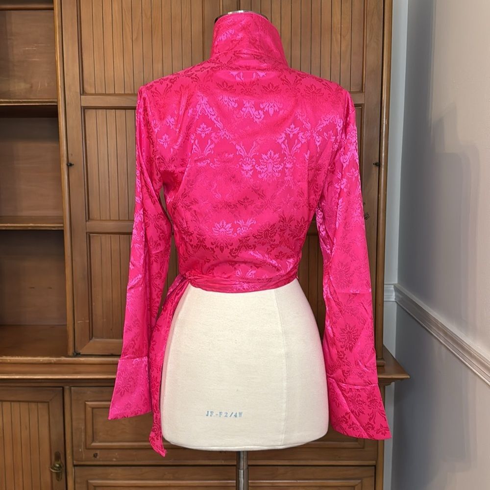 Bright Pink Satin Wrap Blouse - Picture 2 of 9
